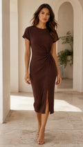Twist-Front Midi Dress in Brown – front view