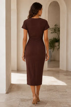 Twist-Front Midi Dress in Brown – back view