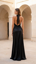 Satin Halter Dress in Black – back view