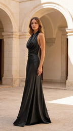 Satin Halter Dress in Black – side view