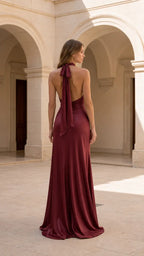 Satin Halter Dress in Burgundy – back view