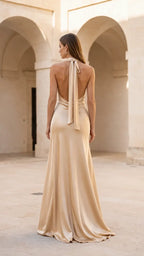 Satin Halter Dress in Champagne – back view