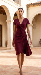 Satin Wrap Dress in Burgundy – front view